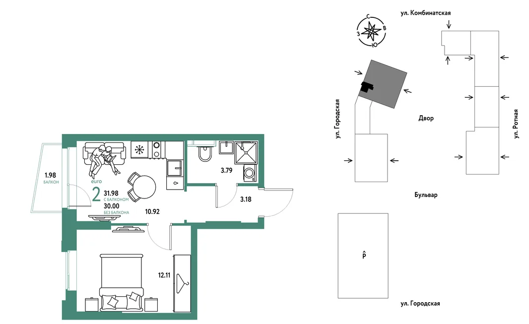 Планировка 2-комн. квартира, 31.98 м² ЖК «Уральский сад»