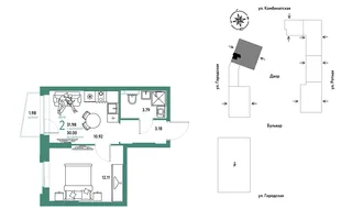 Планировка 2-комн. квартира, 31.98 м² ЖК «Уральский сад»