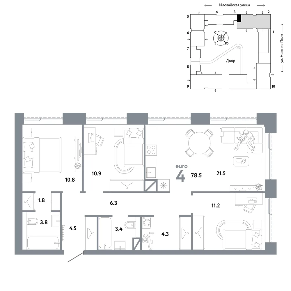 Планировка 4-комн. квартира, 78.5 м² ЖК «Страна.Заречная»