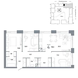 Планировка 4-комн. квартира, 78.5 м² ЖК «Страна.Заречная»