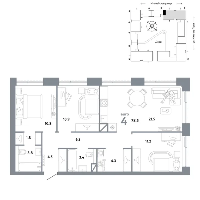 Планировка 4-комн. квартира, 78.5 м² ЖК «Страна.Заречная» Планировка 4-комн. квартира, 78.5 м² ЖК «Страна.Заречная»