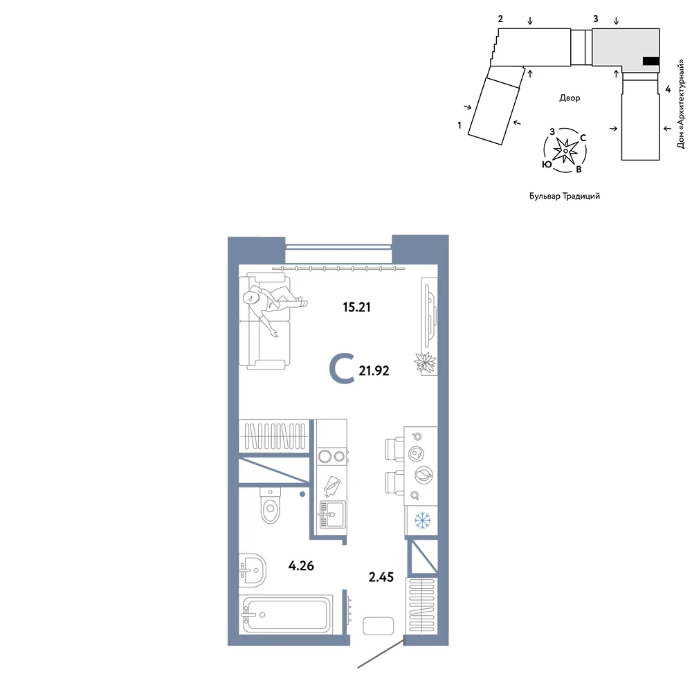 Планировка Студия, 21.92 м² ЖК «Микрорайон Домашний»