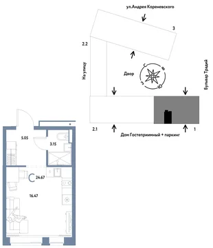 Планировка Студия, 24.67 м² ЖК «Микрорайон Домашний»