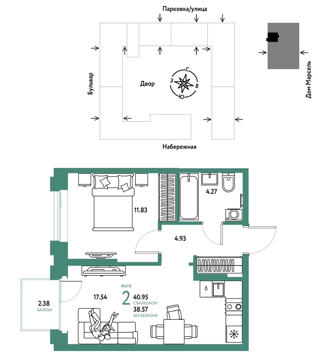 Планировка 2-комн. квартира, 40.95 м² ЖК «Европейский берег 2.0»
