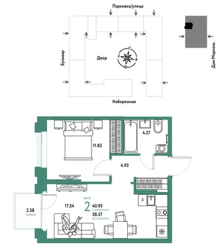 Планировка 2-комн. квартира, 40.95 м² ЖК «Европейский берег 2.0»