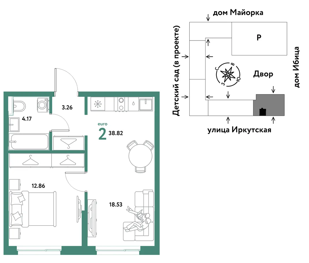 Планировка 2-комн. квартира, 38.82 м² ЖК «Остров-сад»