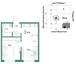 Планировка 2-комн. квартира, 38.82 м² ЖК «Остров-сад»