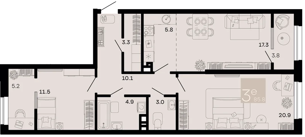 Планировка 3-комн. квартира, 85.8 м² ЖК «Хозяин морей»