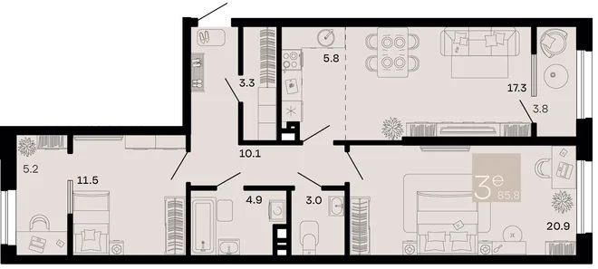 Планировка 3-комн. квартира, 85.8 м² ЖК «Хозяин морей» Планировка 3-комн. квартира, 85.8 м² ЖК «Хозяин морей»