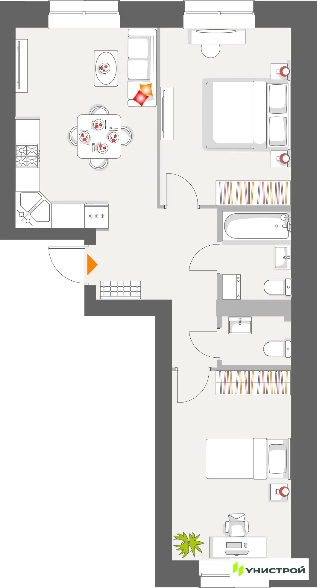Планировка 2-комн. квартира, 60.28 м² ЖК «Атмосфера»