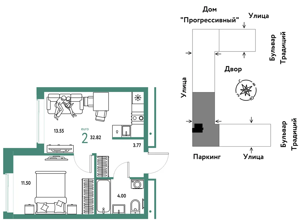 Планировка 2-комн. квартира, 32.82 м² ЖК «Микрорайон Домашний»
