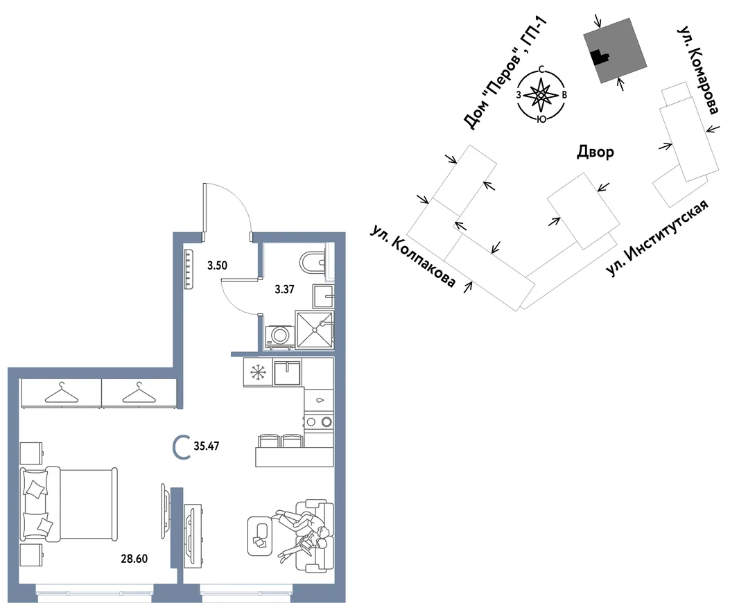 Планировка Студия, 35.47 м² ЖК «Страна.Парковая»