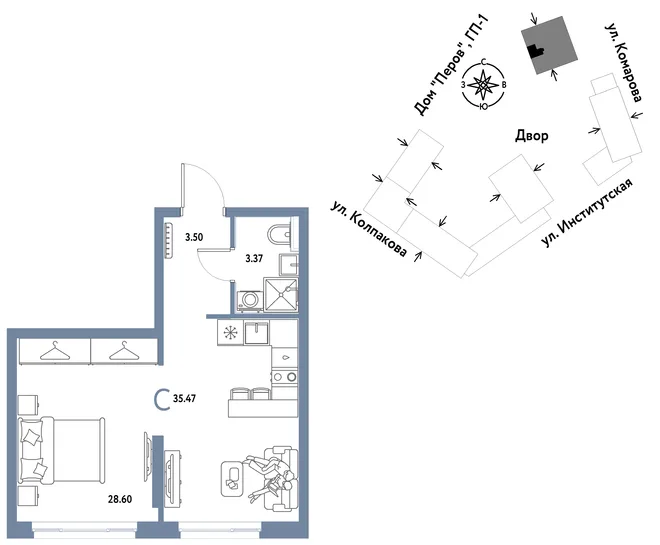 Планировка Студия, 35.47 м² ЖК «Страна.Парковая»