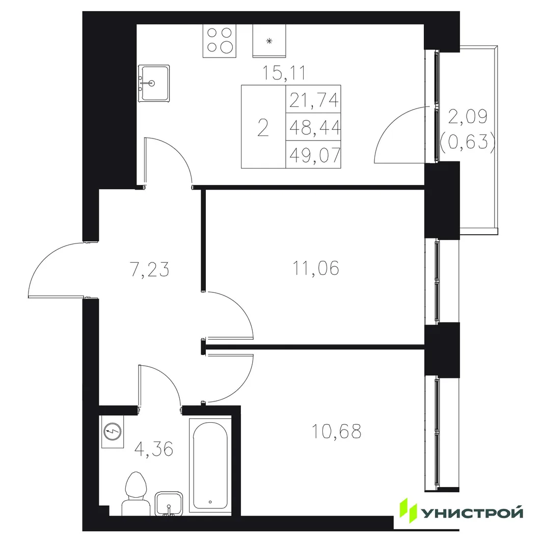 Планировка 2-комн. квартира, 49.07 м² ЖК «Statum»
