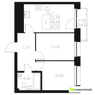 Планировка 2-комн. квартира, 49.07 м² ЖК «Statum»