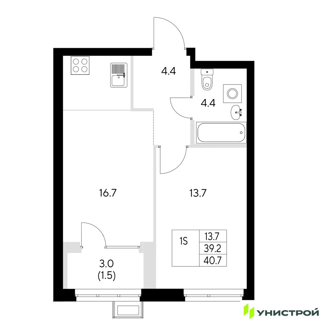 Планировка 1-комн. квартира, 40.7 м² ЖК «Стадиум»