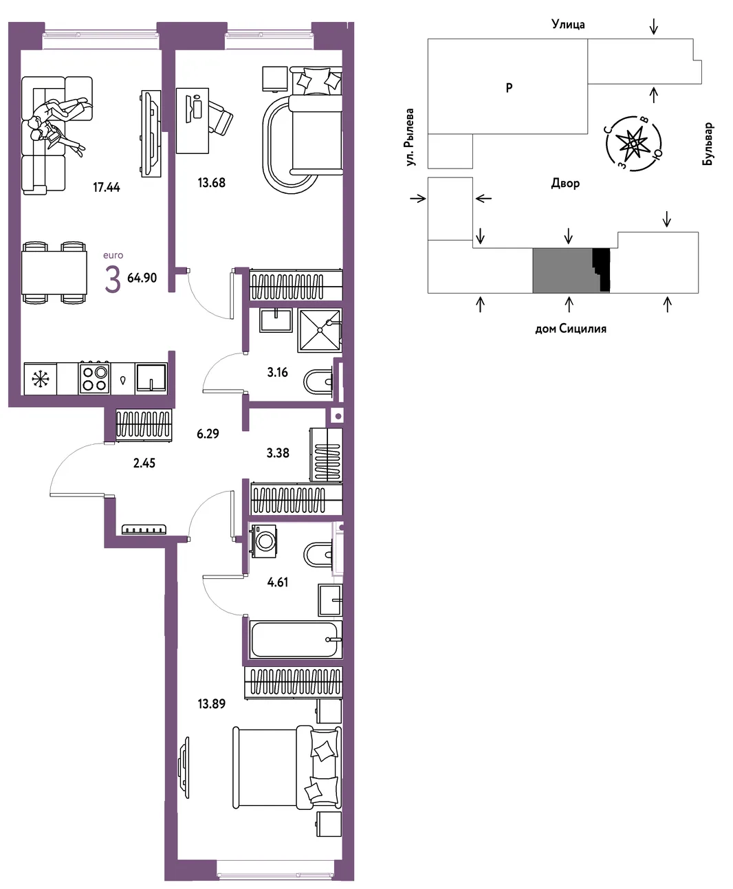 Планировка 3-комн. квартира, 64.9 м² ЖК «Остров-сад»