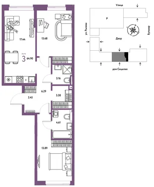 Планировка 3-комн. квартира, 64.9 м² ЖК «Остров-сад»
