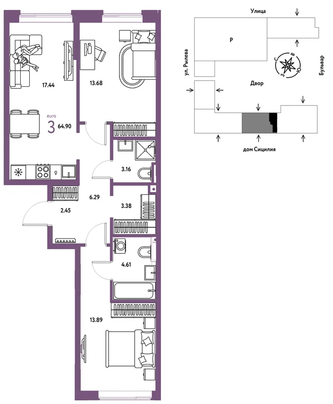 Планировка 3-комн. квартира, 64.9 м² ЖК «Остров-сад» Планировка 3-комн. квартира, 64.9 м² ЖК «Остров-сад»