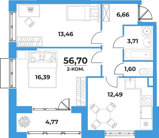 Планировка 2-комн. квартира, 56.7 м² ЖК «На семи холмах» Планировка 2-комн. квартира, 56.7 м² ЖК «На семи холмах»