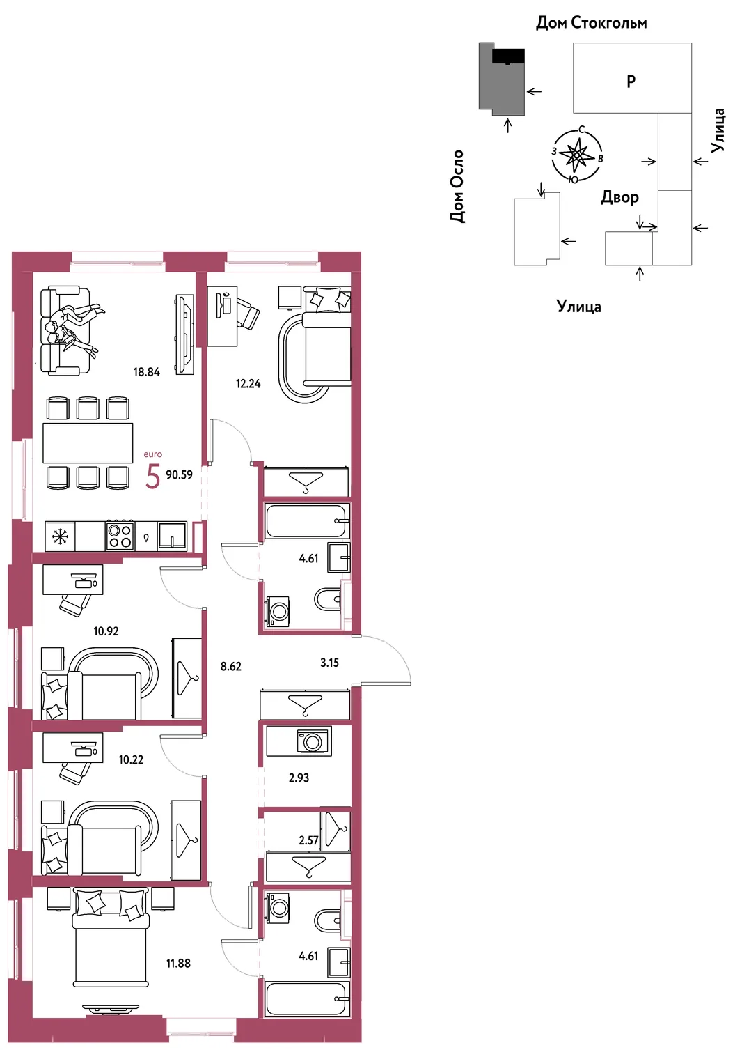 Планировка 5-комн. квартира, 90.59 м² ЖК «Европейский берег 2.0»
