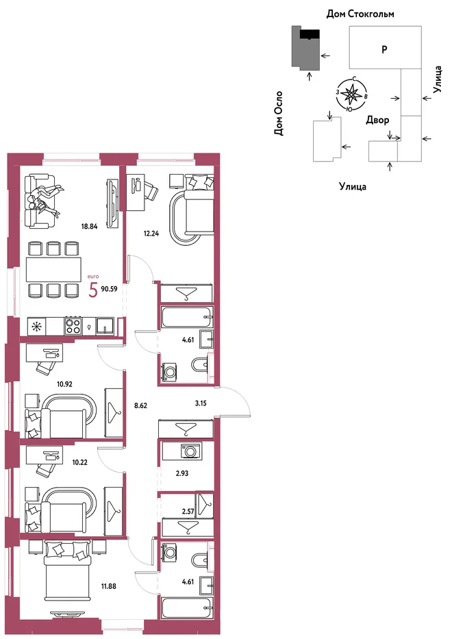 Планировка 5-комн. квартира, 90.59 м² ЖК «Европейский берег 2.0» Планировка 5-комн. квартира, 90.59 м² ЖК «Европейский берег 2.0»