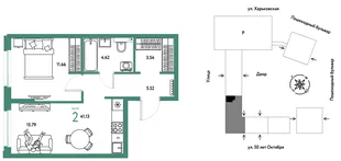 Планировка 2-комн. квартира, 41.13 м² ЖК «Сердце Сибири»
