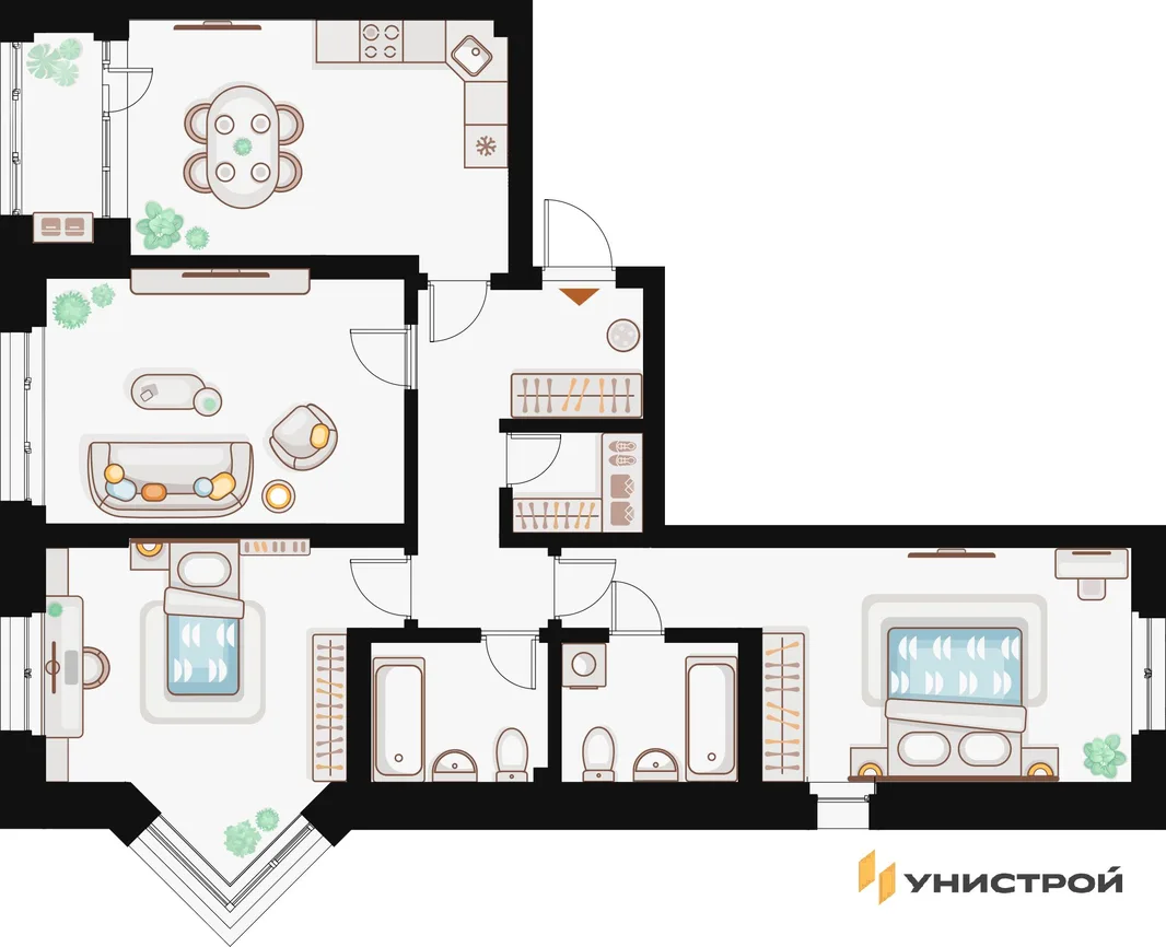 Планировка 3-комн. квартира, 93.99 м² ЖК «Жилой кластер Q на Кулагина»