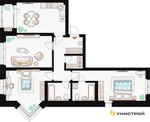 Планировка 3-комн. квартира, 93.99 м² ЖК «Жилой кластер Q на Кулагина»