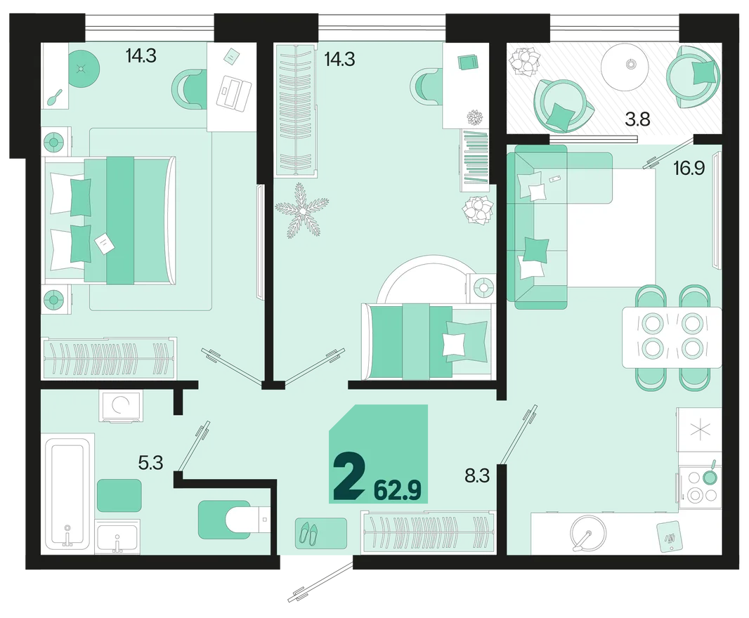 Планировка 2-комн. квартира, 62.9 м² ЖК «Первое место»
