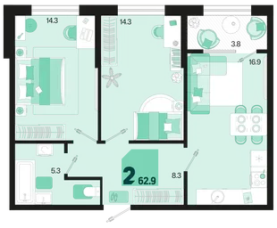 Планировка 2-комн. квартира, 62.9 м² ЖК «Первое место»