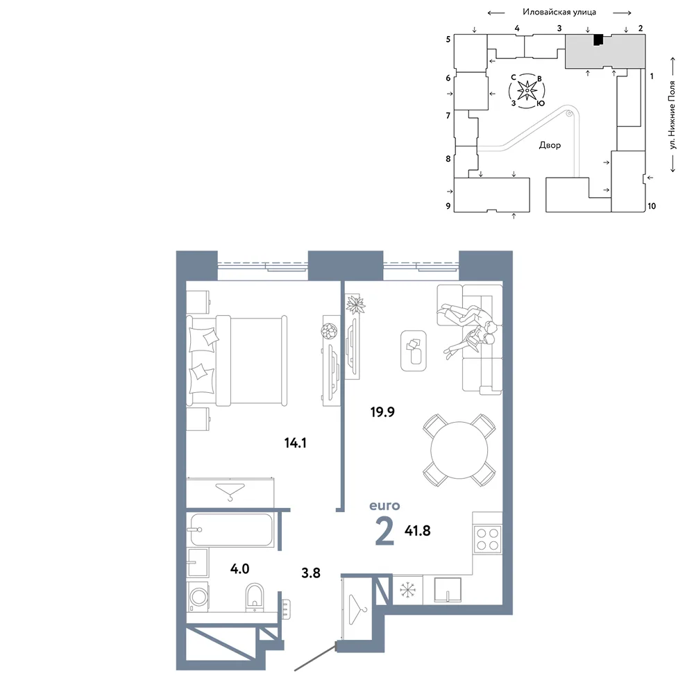 Планировка 2-комн. квартира, 41.8 м² ЖК «Страна.Заречная»