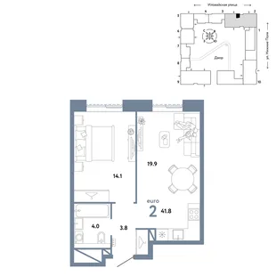 Планировка 2-комн. квартира, 41.8 м² ЖК «Страна.Заречная»