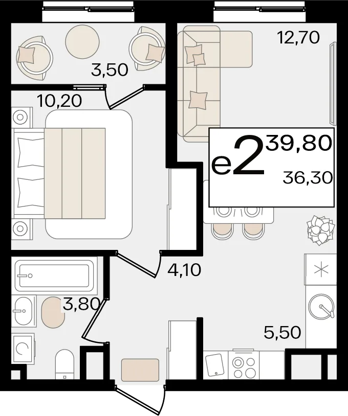 Планировка 2-комн. квартира, 39.8 м² ЖК «Патрики»