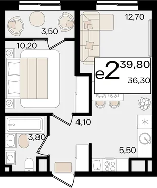 Планировка 2-комн. квартира, 39.8 м² ЖК «Патрики»