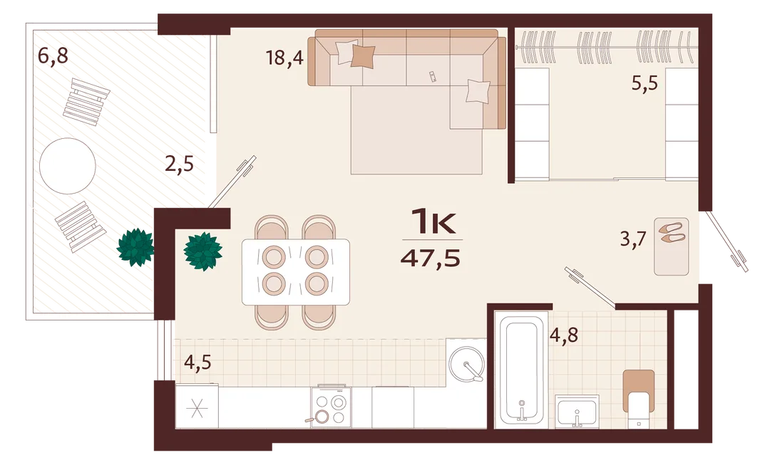 Планировка 1-комн. квартира, 47.5 м² ЖК «Роялта»