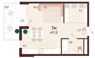 Планировка 1-комн. квартира, 47.5 м² ЖК «Роялта»
