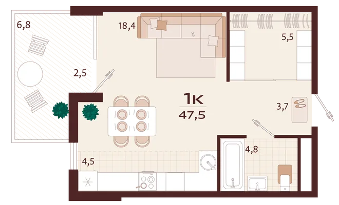 Планировка 1-комн. квартира, 47.5 м² ЖК «Роялта» Планировка 1-комн. квартира, 47.5 м² ЖК «Роялта»