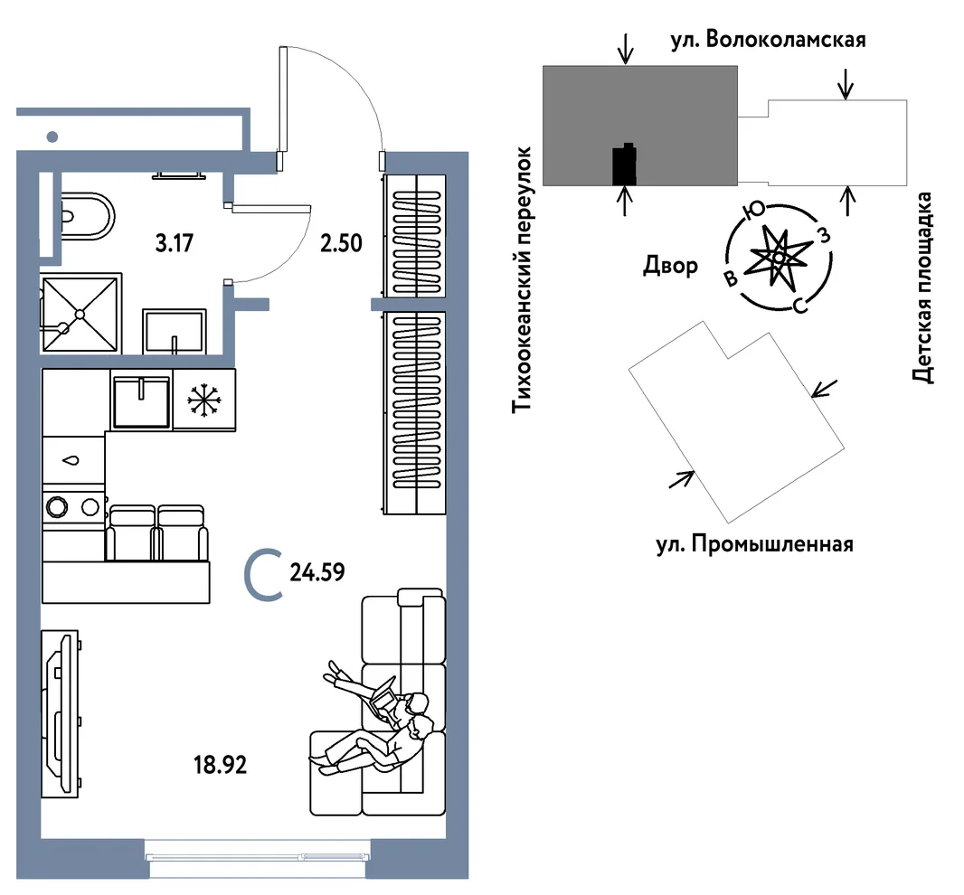Планировка Студия, 24.59 м² ЖК «Страна Прибрежная»