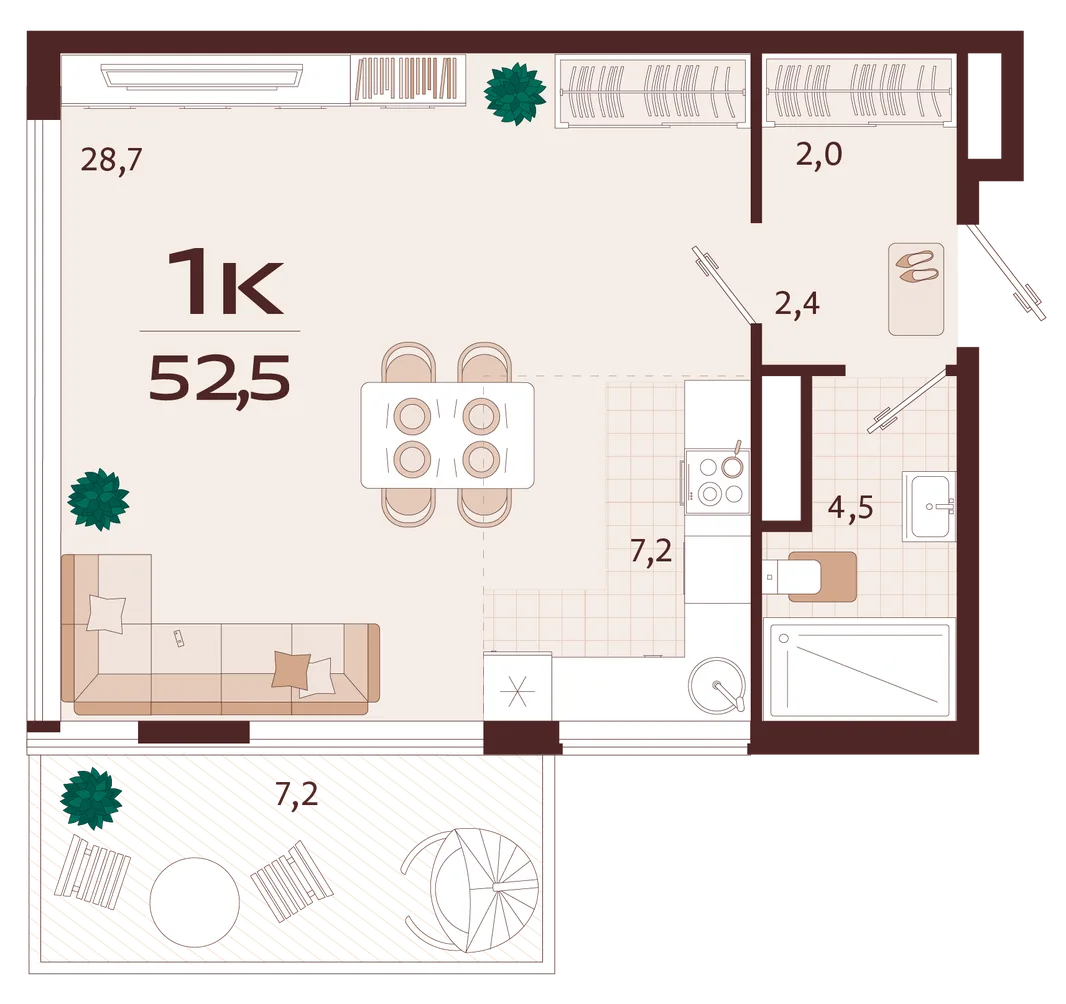 Планировка 1-комн. квартира, 52.5 м² ЖК «Роялта»