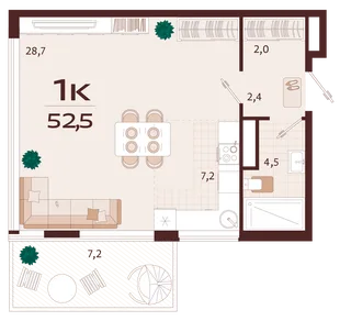 Планировка 1-комн. квартира, 52.5 м² ЖК «Роялта»