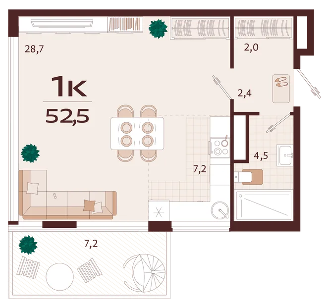 Планировка 1-комн. квартира, 52.5 м² ЖК «Роялта» Планировка 1-комн. квартира, 52.5 м² ЖК «Роялта»