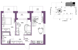 Планировка 3-комн. квартира, 62.39 м² ЖК «Страна.Энтузиастов»