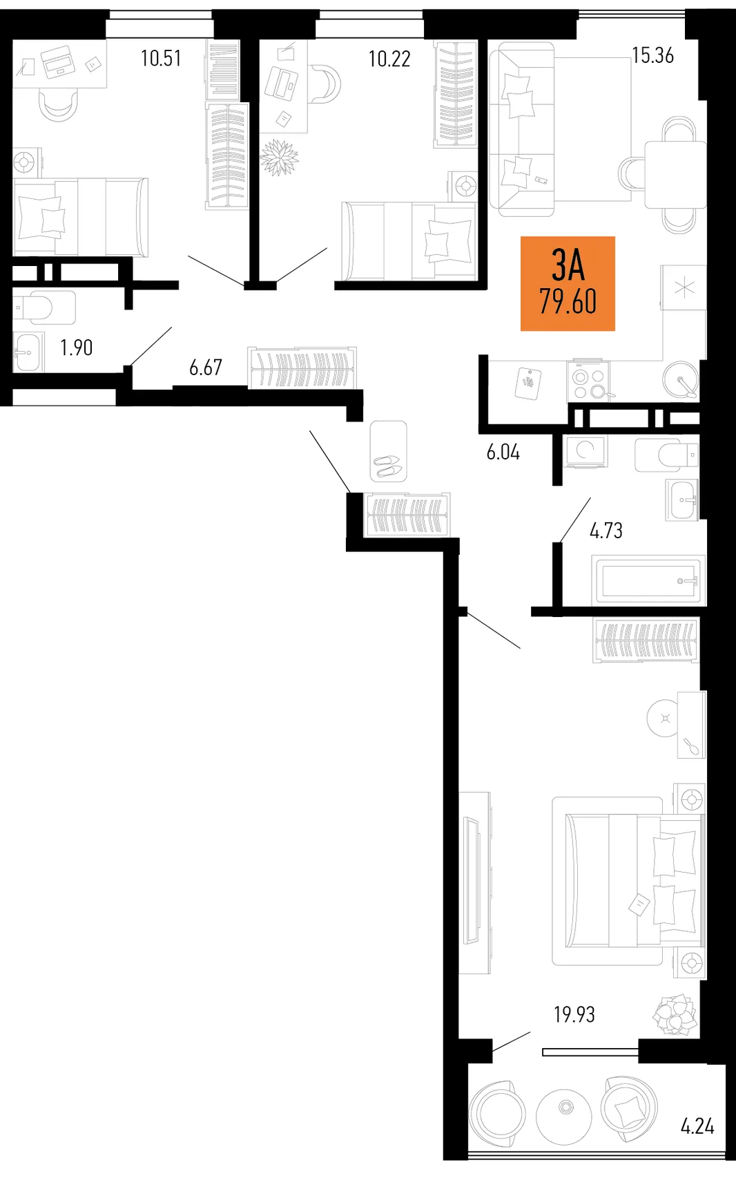 Планировка 3-комн. квартира, 79.6 м² ЖК «Столицыно»