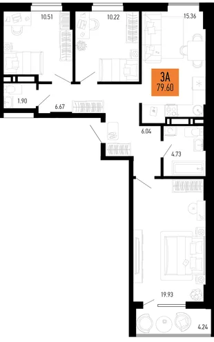 Планировка 3-комн. квартира, 79.6 м² ЖК «Столицыно»
