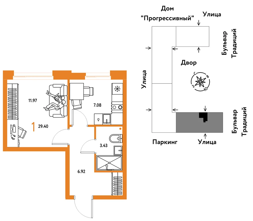 Планировка 1-комн. квартира, 29.4 м² ЖК «Микрорайон Домашний»