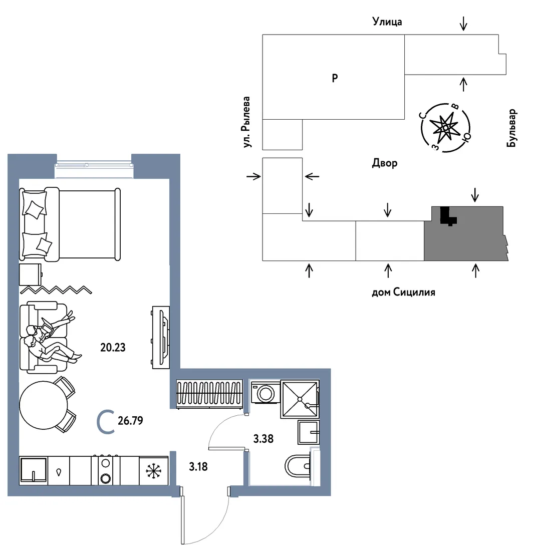 Планировка Студия, 26.79 м² ЖК «Остров-сад»