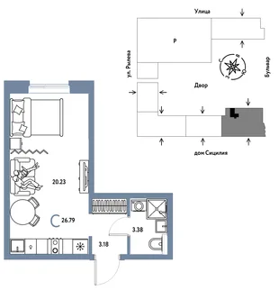 Планировка Студия, 26.79 м² ЖК «Остров-сад»