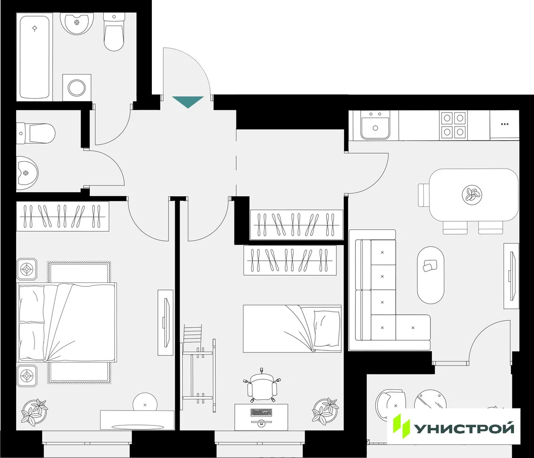 Планировка 2-комн. квартира, 58.88 м² ЖК «Уникум на Амирхана»