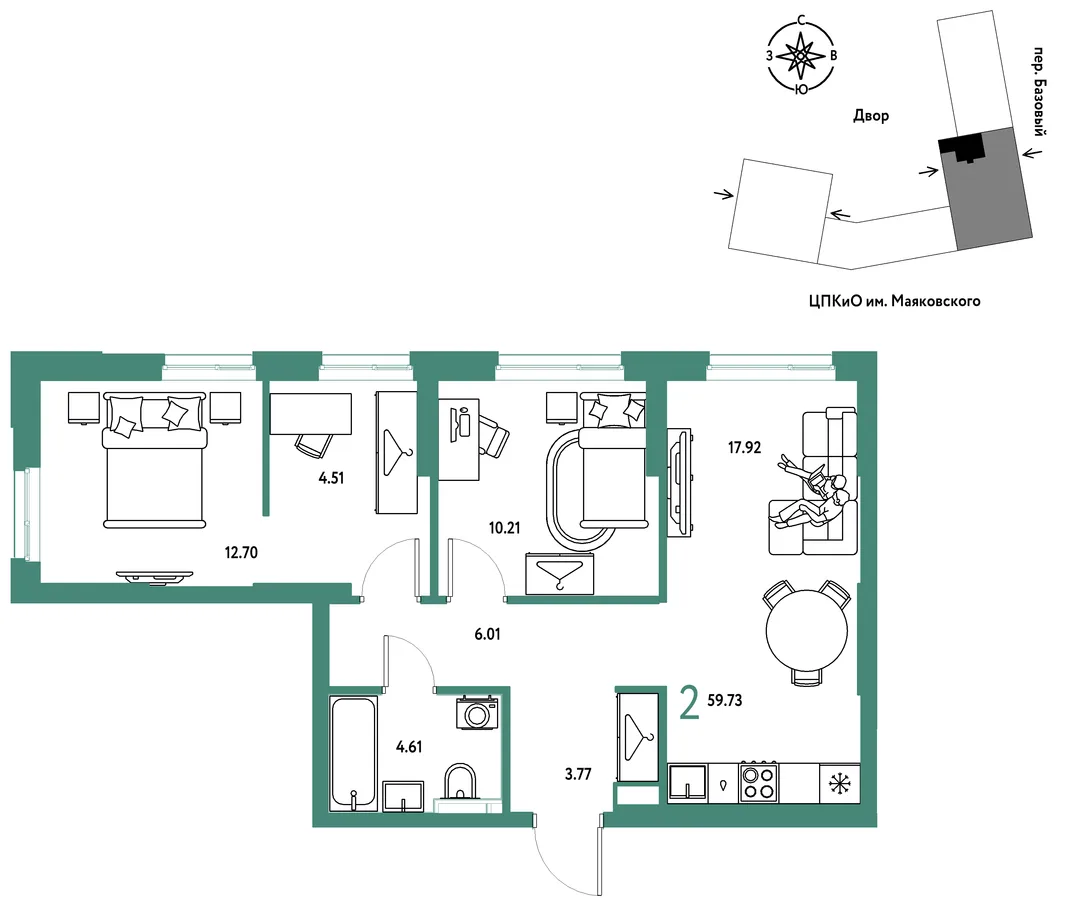 Планировка 2-комн. квартира, 59.73 м² ЖК «Сибирский сад»